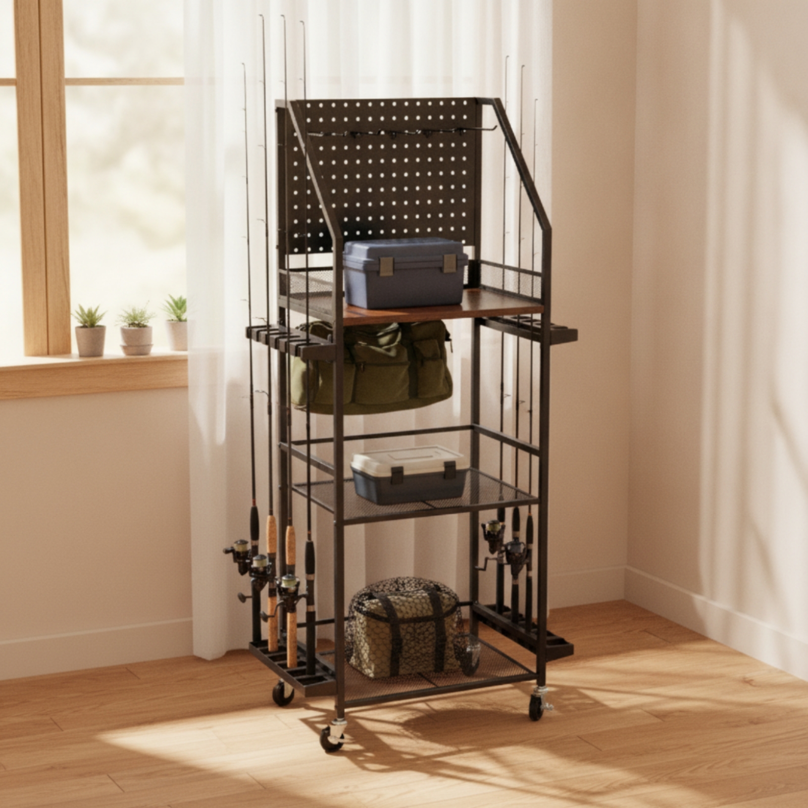 Fishing Rod Rack with Pegboard - Fishing Rod Rack ulasan dan harga